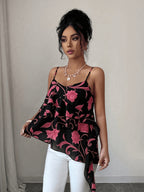 2026 Summer New Pink Floral Ruffled Camisole Women'S Summer Irregular Hem Body-Shaping Thin Chiffon Top Hot Top - Black