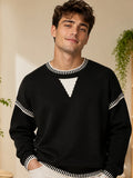 Men'S Color-Block Contrast Line Round Neck Knit Sweater, Casual Outing, Campus Style, Casual Date Wear, Matches Casual Trousers And Faux Denim - SINBOS - Black