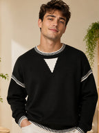 Men'S Color-Block Contrast Line Round Neck Knit Sweater, Casual Outing, Campus Style, Casual Date Wear, Matches Casual Trousers And Faux Denim - SINBOS - Black