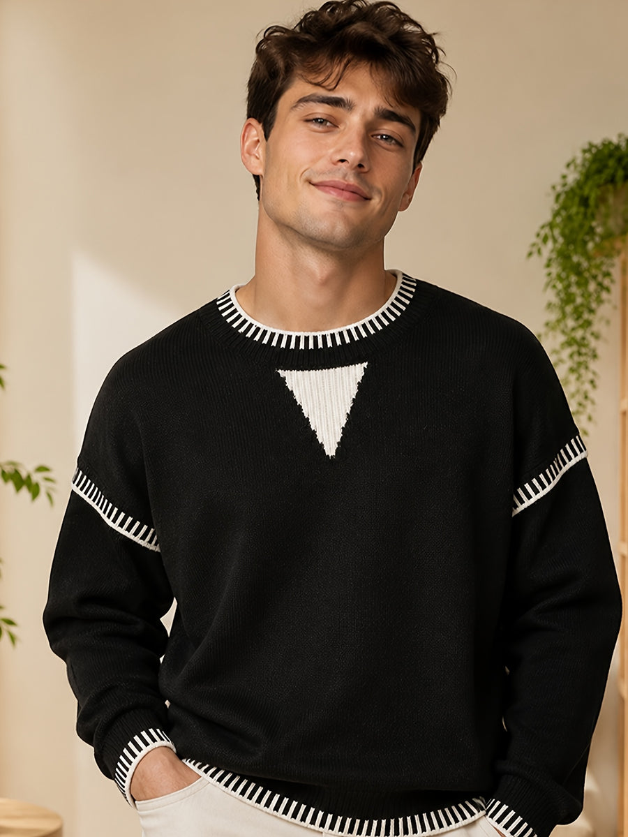 Men'S Color-Block Contrast Line Round Neck Knit Sweater, Casual Outing, Campus Style, Casual Date Wear, Matches Casual Trousers And Faux Denim - SINBOS - Black