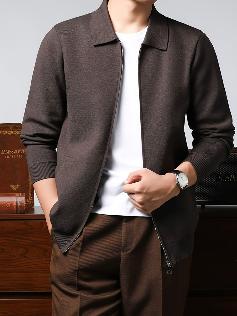 Men'S Lapel Full-Zip Long Sleeve Knit Jacket, Ribbed Cuffs And Hem, Autumn/Winter Style, Casual Commute Wear, Business Casual Style. - SINBOS - Coffee Color