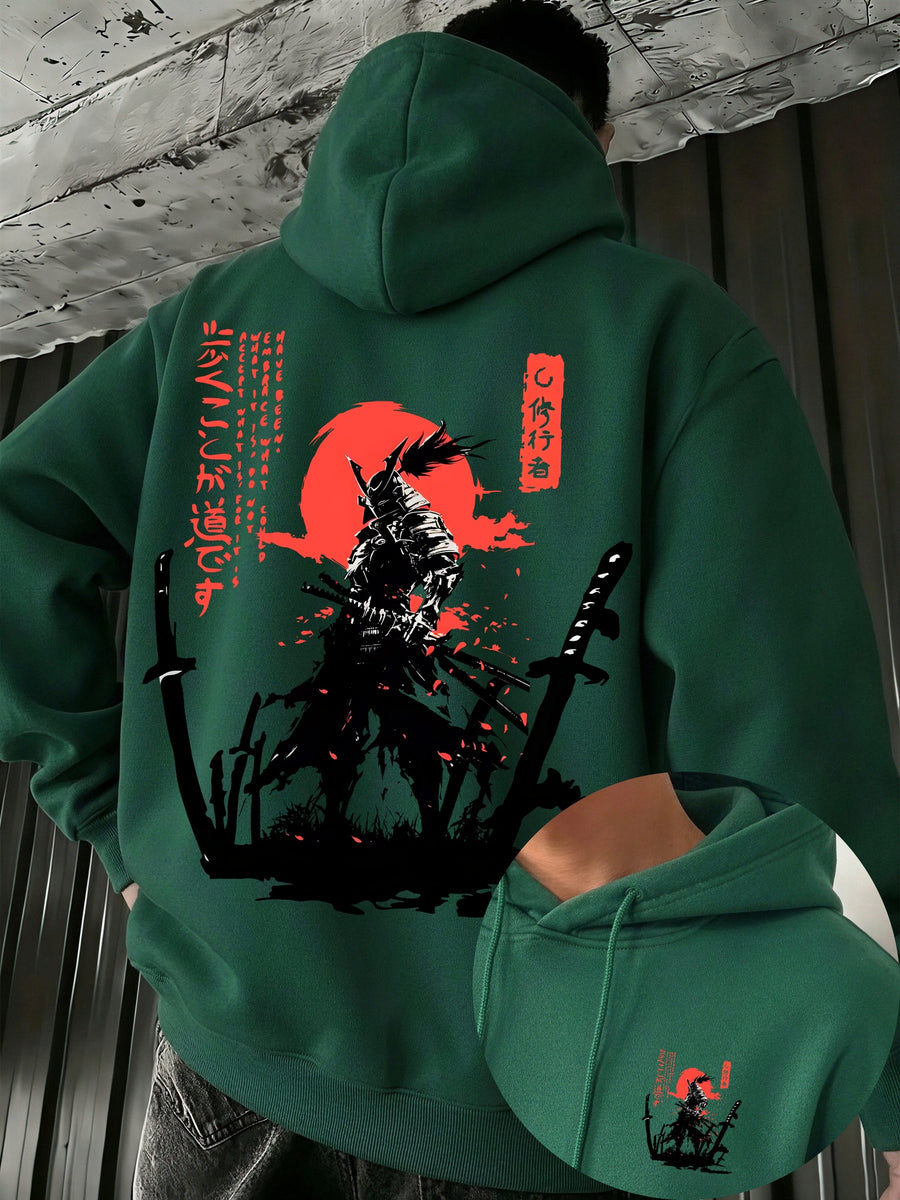 Men'S Hooded Sweatshirt Samurai Print Autumn Winter Comfortable Casual Soft Breathable Everyday All-Match - Dark Green