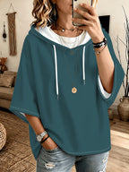 Sea Blue Hooded Sweatshirt, Western Women'S 3/4 Sleeve Loose Drop Shoulder Hoodie, Soft Breathable Spring Autumn Casual All-Match Pullover Top - Sea Blue