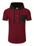New Summer Shirt with Hooded Men'S Wear, Casual, Loose, Fashionable, Athletic, Home Workout, Camping, Fitness, Beach Shirt, Solid Color, Trendy, Youthful Fashion, Premium, Short Sleeve, Summer Premium Men'S Shirt - Burgundy