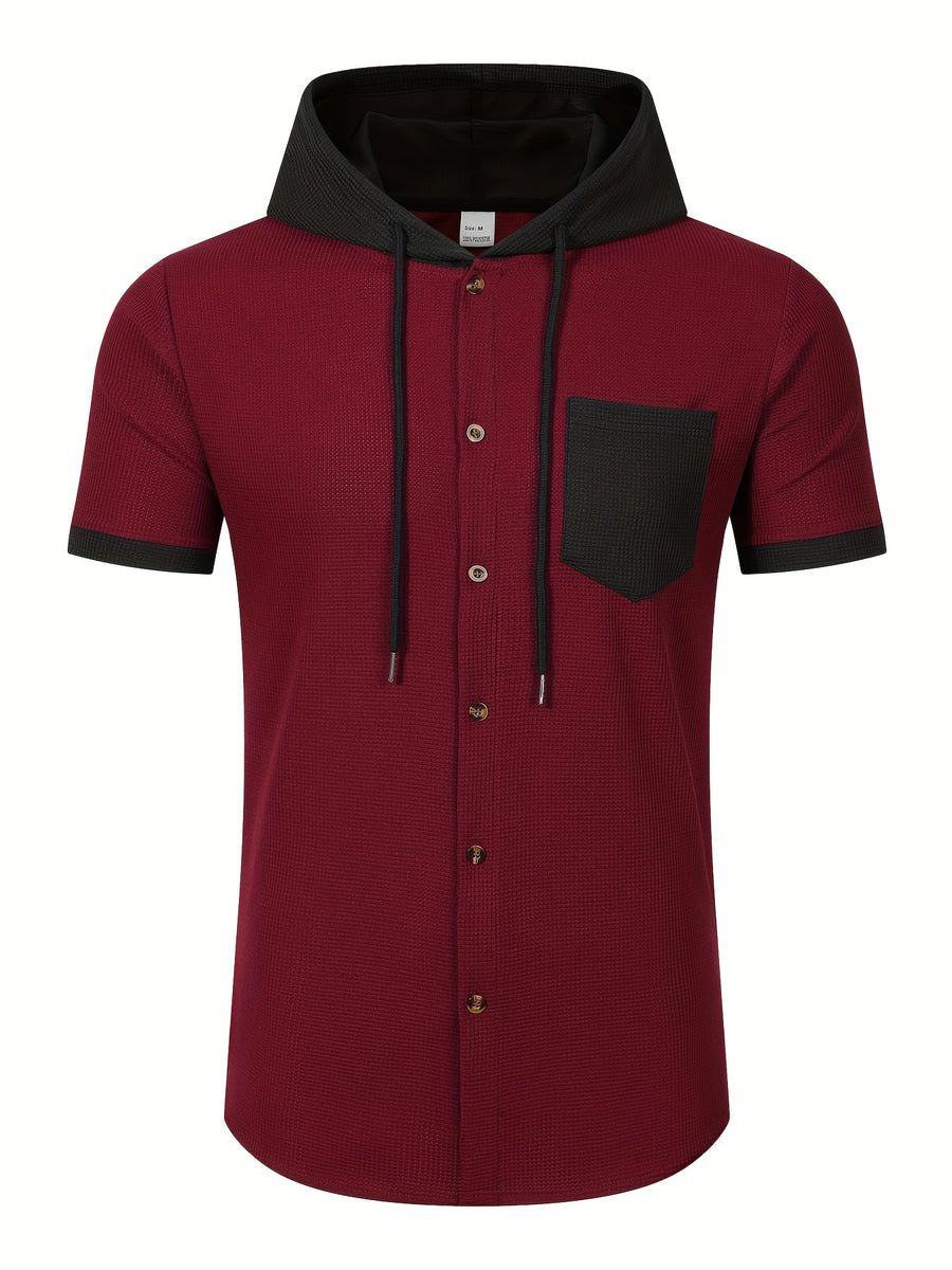 New Summer Shirt with Hooded Men'S Wear, Casual, Loose, Fashionable, Athletic, Home Workout, Camping, Fitness, Beach Shirt, Solid Color, Trendy, Youthful Fashion, Premium, Short Sleeve, Summer Premium Men'S Shirt - Burgundy