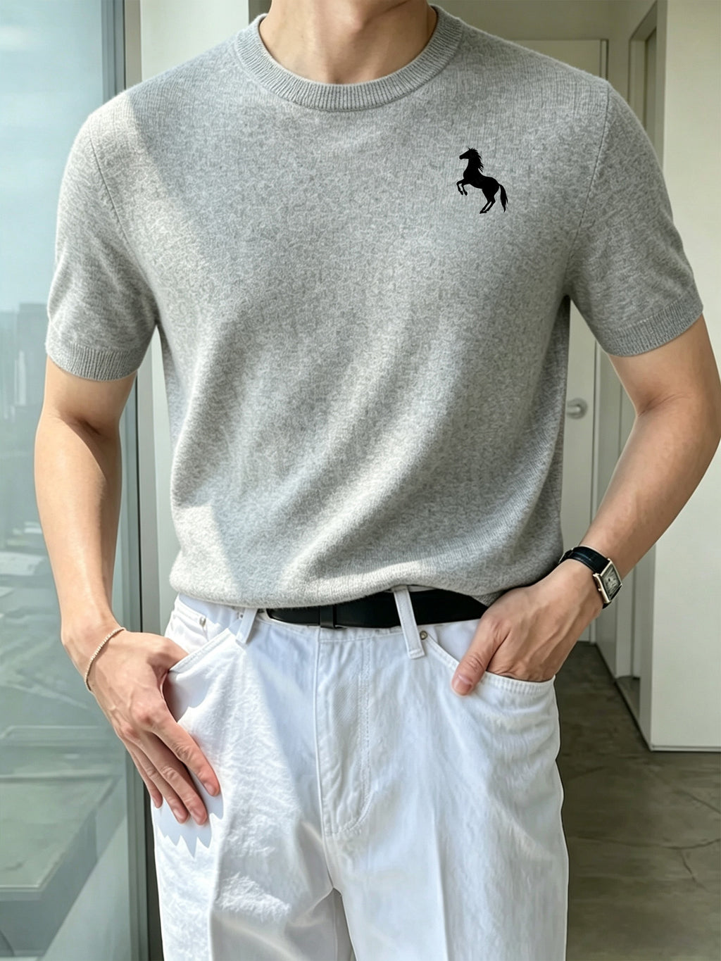 Men's Crew Neck Short Sleeve Knit Shirt with Galloping Horse Silhouette Print, Slim Fit Thin Top - Grey