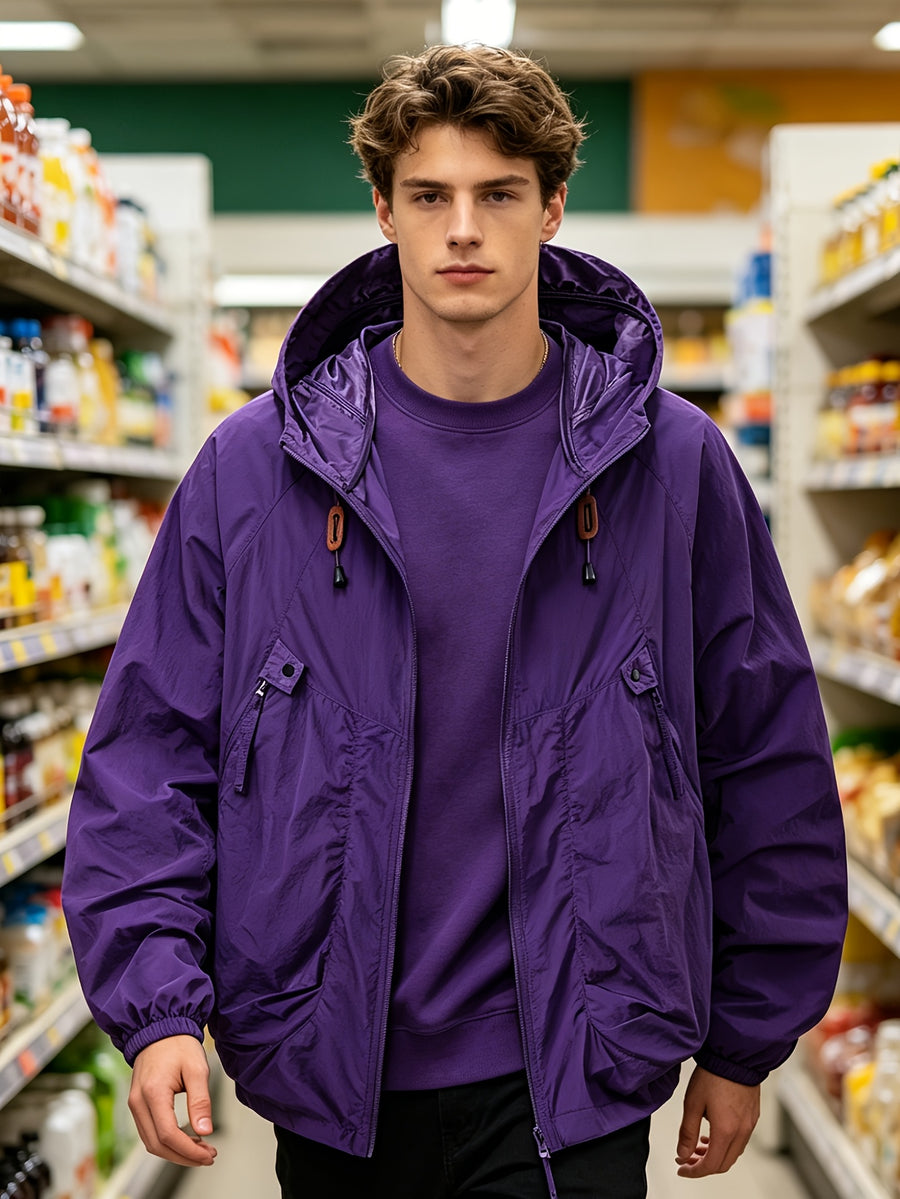 Men'S Spring Autumn Hooded Solid Pocket Jacket Sunscreen Top, Suitable for Outdoor Running Sports Commuting - 2390-Dark Night Purple