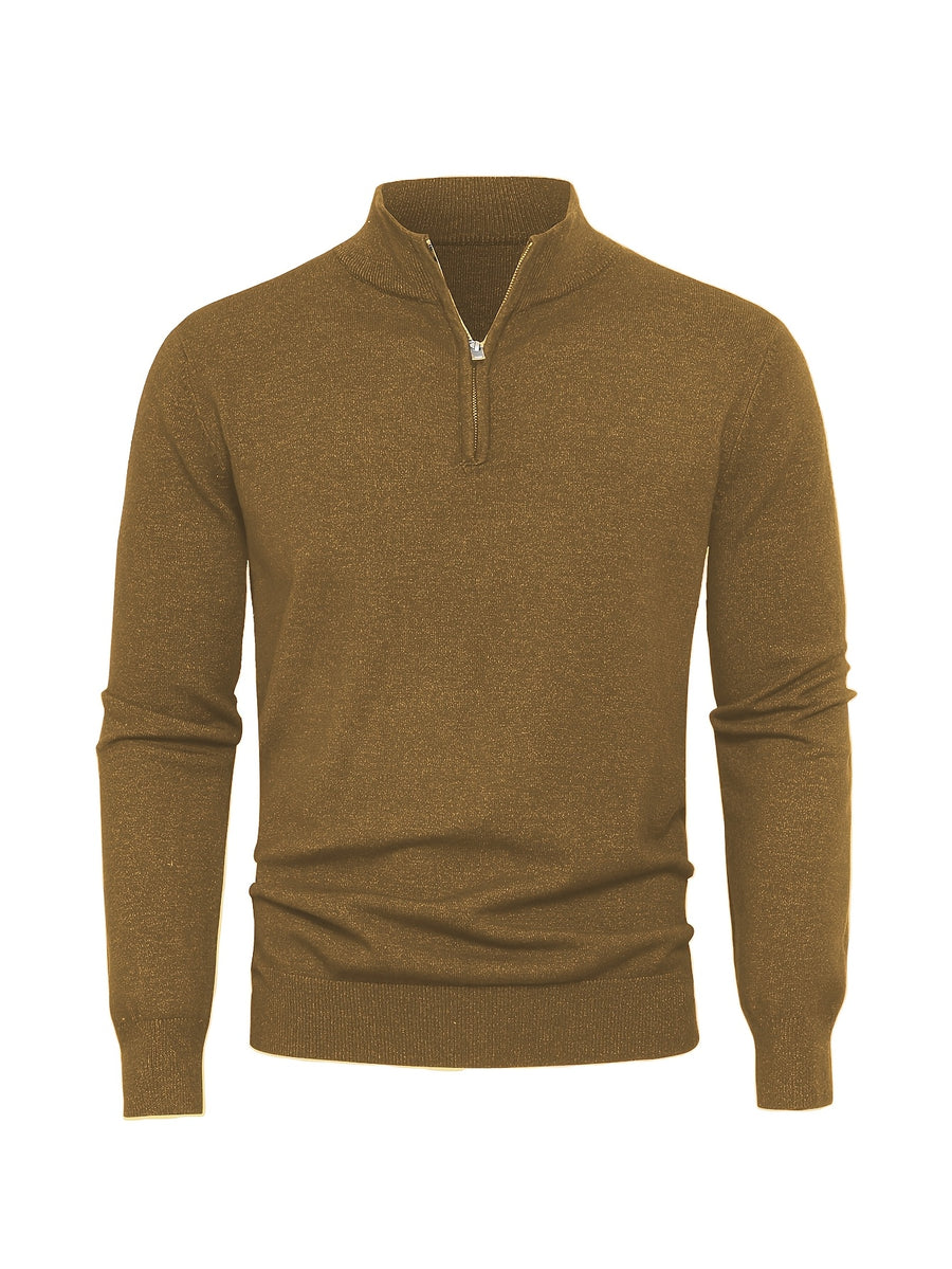 2025 New Men's Casual Solid Color Knit Zip-Front Sweater - Thickened Warm Top - Fashionable Minimalist Style with Medium Stretch for Daily Comfort, Men's Essential Cold-Weather Item, High-Quality Autumn/Winter Fashionable and Mature Pullover - Little Flower Coffee