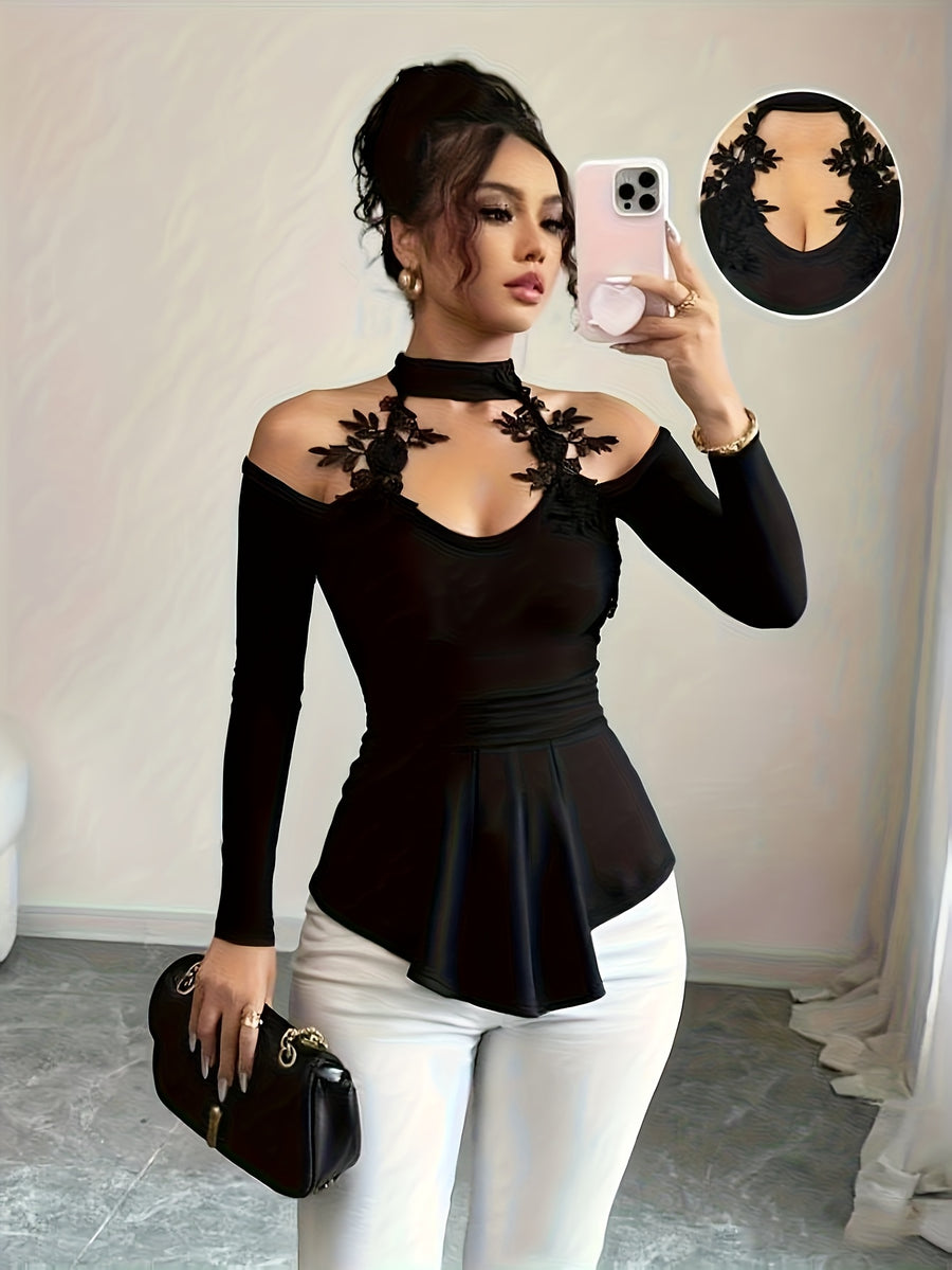 Autumn And Winter New Hollow Out Off-Shoulder Applique Pleated Curved Hem Slim Fit Versatile Top - Black