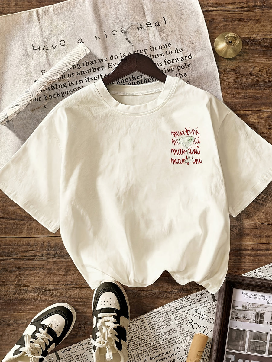 Women's Martini Drinking Club T-Shirt - Short Sleeve Round Neck Blouse Top with Martini & Lettering, Machine Washable Casual Beachwear Suitable for Vacations, Parties, Everyday Outfits - Non- Year-Round Wardrobe Staple - Light Beige