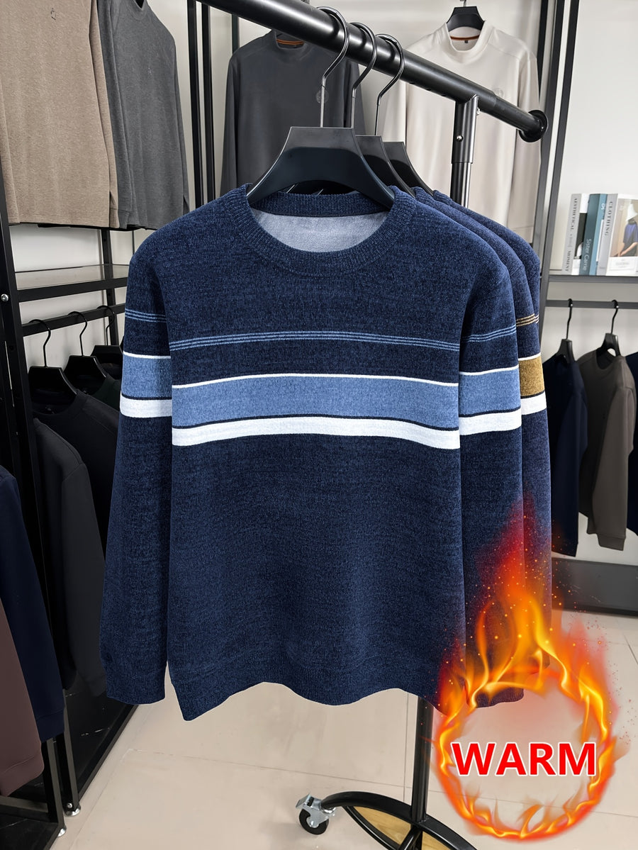 Minimalist Urban -Lined Crew Neck Knit Sweater for Warmth and City Casual Style - Blue