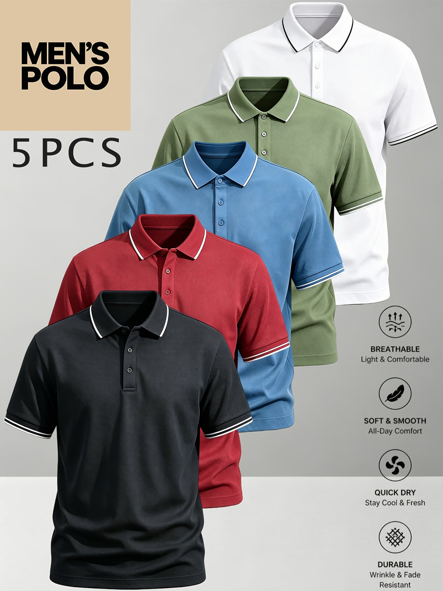 5pcs Set of Men'S Classic Short-Sleeve POLO Shirts, Breathable And Wrinkle-Resistant Casual Golf Tops, Multiple Color Combinations, Easy And Elegant, XS-XXL Plus Size Men'S Clothing, Quality Guaranteed, Meeting Daily Needs - Black+Red+Blue+Green+White
