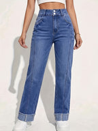 Women'S Fashion Trend Double-Breasted Flared Denim Jeans - Royal Blue
