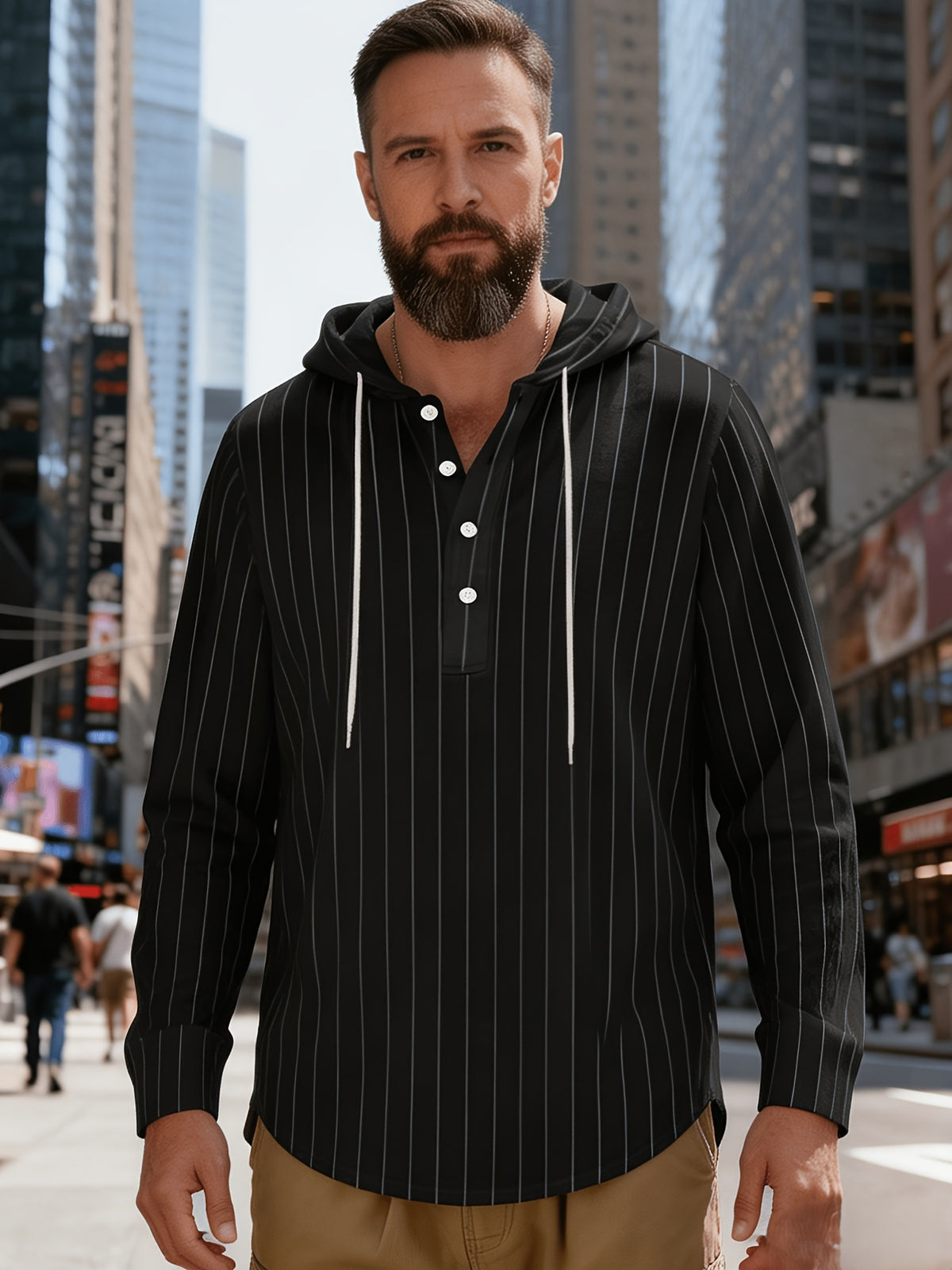New Men'S All-Season Linen Shirt, Linen Striped Casual Long-Sleeve Hooded Top, Breathable And Comfortable, High Street Style - Black