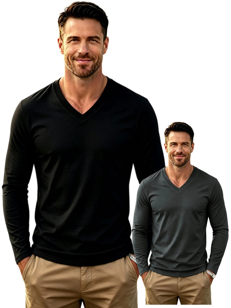 100%, 2pcs Men'S V-Neck Long Sleeve T-Shirts, Men'S Knit Sweatshirts, Casual Athletic Ribbed Neck Tops - Black+dark Gray