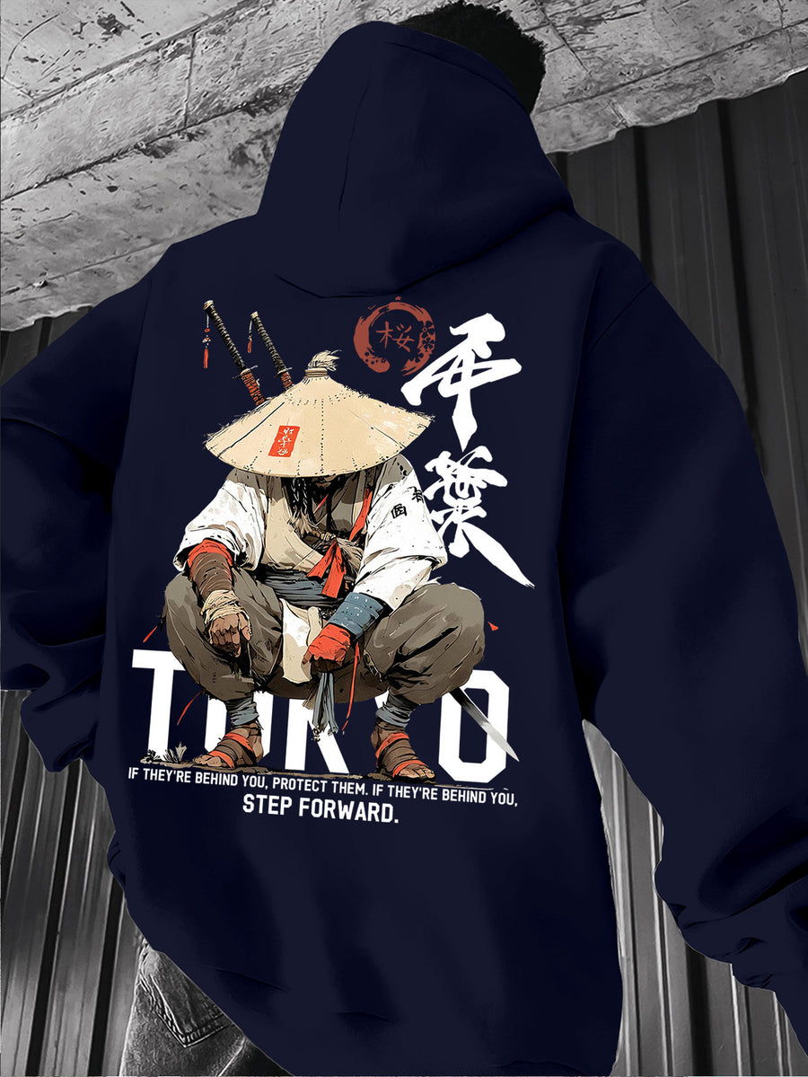 Men's Japanese Ronin Kendo Samurai Hooded Sweatshirt, Printed Hoodie, Trendy Streetwear Vintage Versatile Heavyweight Sweatshirt, Autumn Essentials - Navy Color