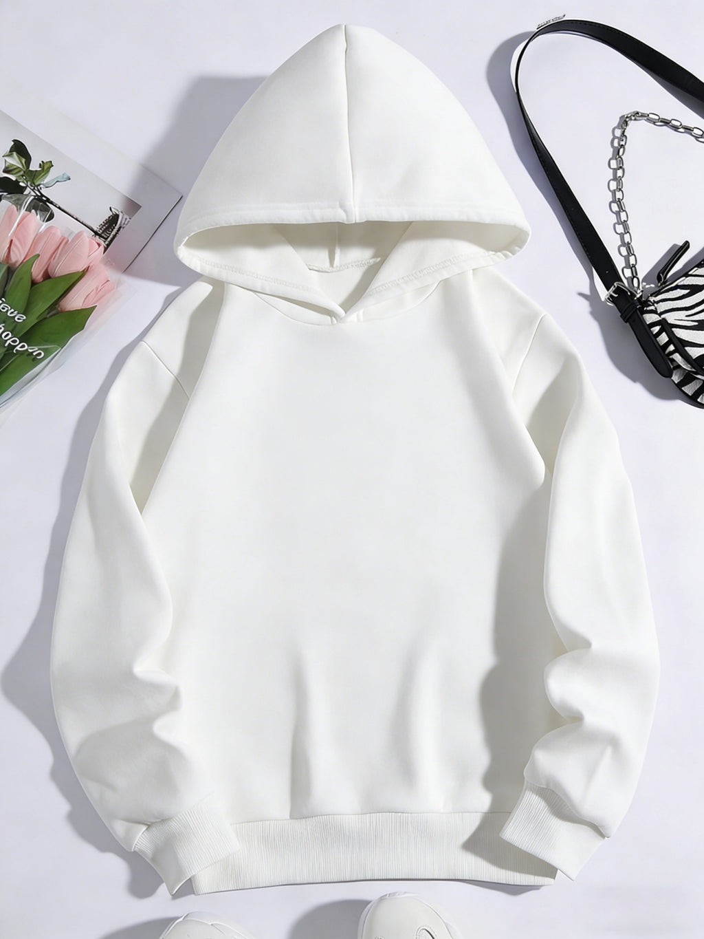 [Hot Style] Red Lip and Eye Makeup Printed White Hoodie, Fashion Personality Sweater, Trendy Daily All-match Top - White
