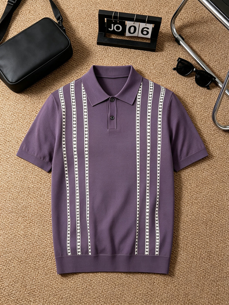 Luxury Fine Vertical Jacquard Pattern Collared Knit Polo for Men, Breathable Soft Short Sleeve Slim Blouse, Comfort Casual Top for Daily Street Weekend Hangout - Purple