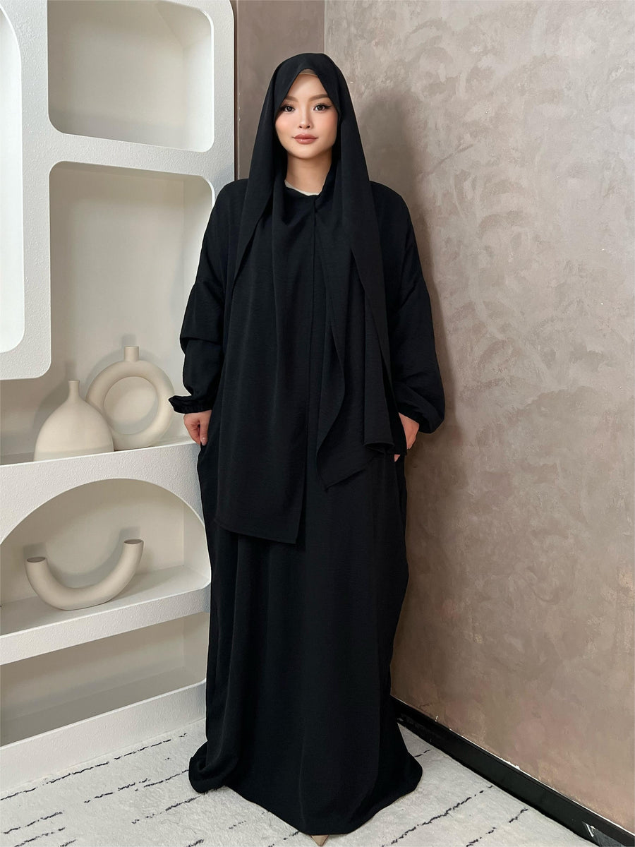 IRONFREE Elegant Crepe Hooded Abaya Hijab with Attached Scarf & Pockets - Modest Long Sleeve Full Coverage Prayer Dress, Machine Washable Medium Stretch Solid Color All-Season Traditional Muslim Women's Clothing, Muslim Clothes, Modest Apparel, Medium - Black