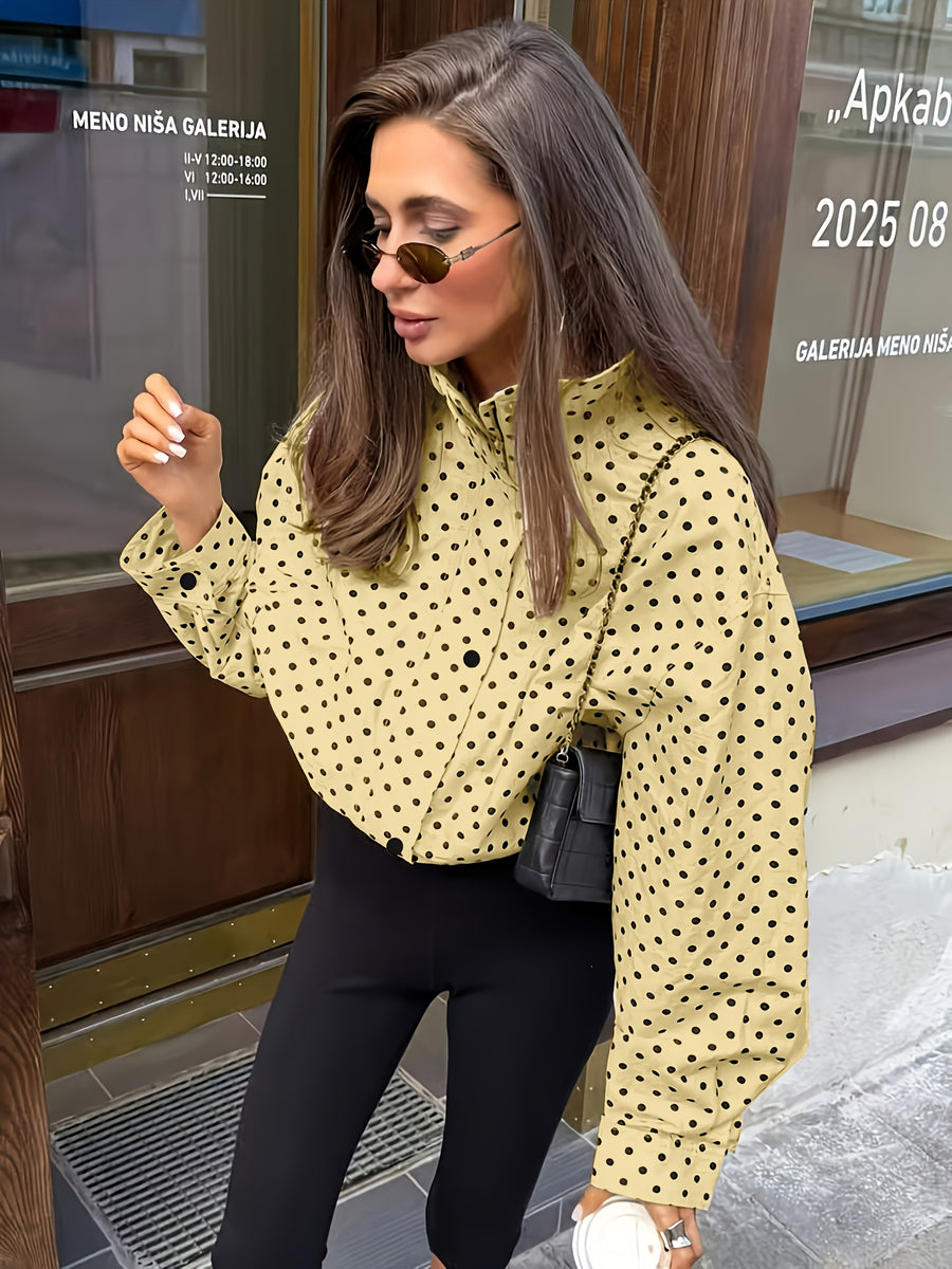 Women's Casual Polka Dot Long Sleeve Loose Fit Jacket, Spring Fashion Stand Collar Zipper Outerwear - Yellow