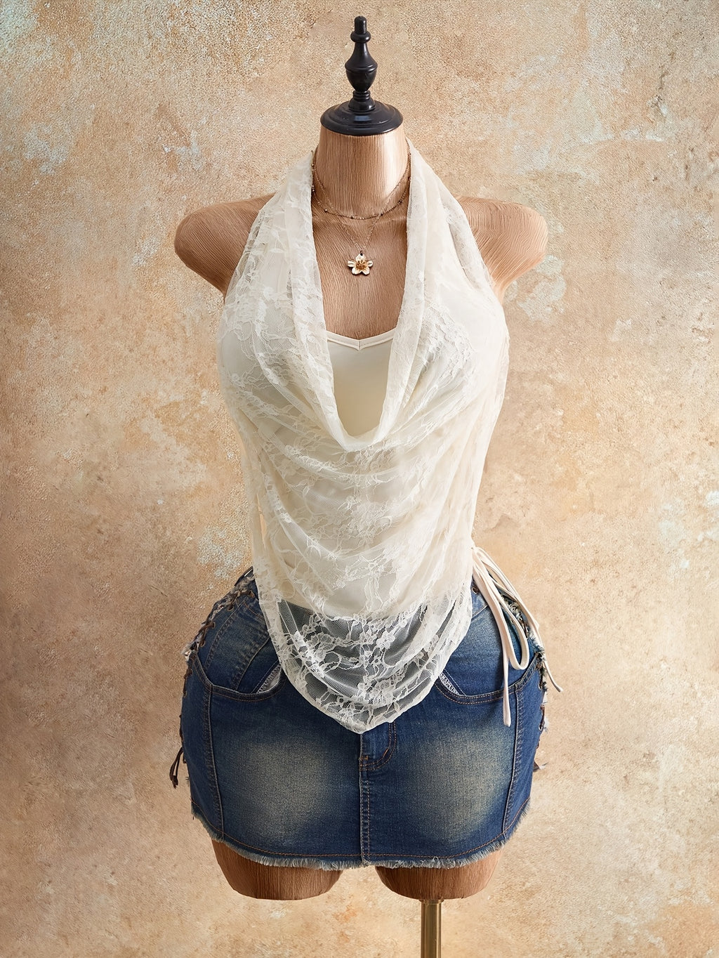 Spring Summer Casual All-Match Halter Lace-Splice Stylish Sexy Women'S T-Shirt - Apricot
