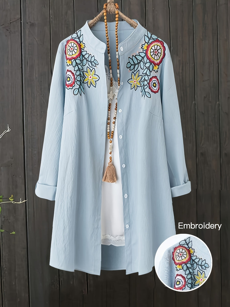 WY260519035 Women'S Spring Autumn Embroidered Long Sleeve Top - Light Blue