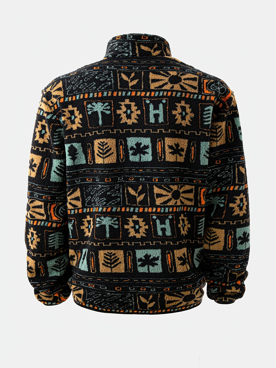 1pc Reversible Plush Print Ethnic Style Zip-Up Jacket, Men'S Casual Jacket, Men'S Fleece Jacket - Black
