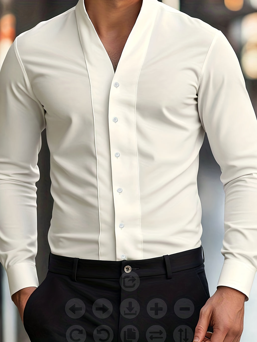 Men'S Solid Color V-Neck Shirt Casual Business Formal Shirt Slim Fit Long-Sleeved Social Party Shirt, Soft And Skin-Friendly Fabric, Suitable for Wearing in All 4 Seasons, Autumn, Stretchy, Office, Button - Off-white