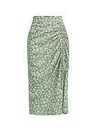 Women's Fashionable and Elegant Floral Print Skirt with Drawstring Detail, Suitable for Daily Commuting, Work, and Shopping Outfits - Matcha Color