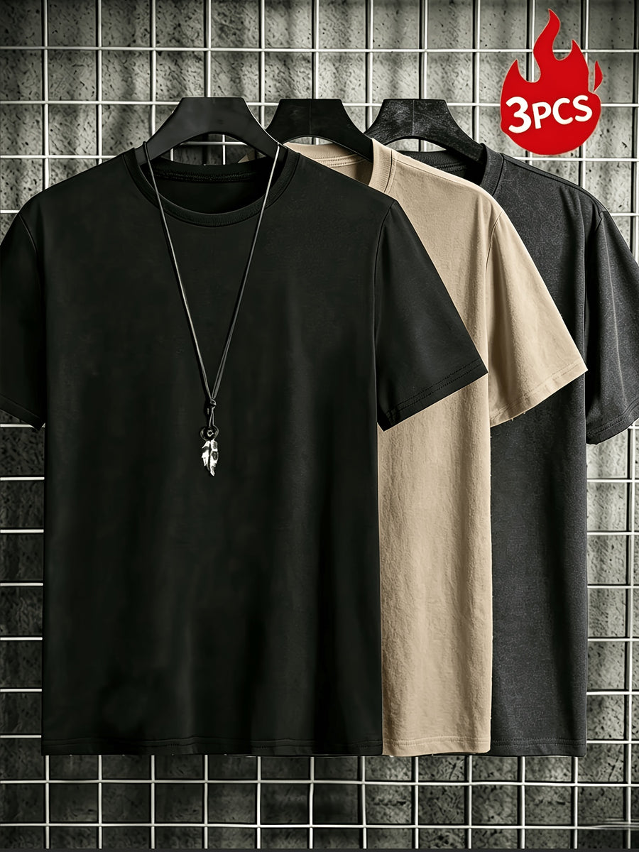 Men'S Solid Crew Neck Short Sleeve T-Shirts, 3pcs Basic Plain Tees, Casual Loose Fit Soft Breathable Daily Tops, Gift for Family Friends - Mixed colors