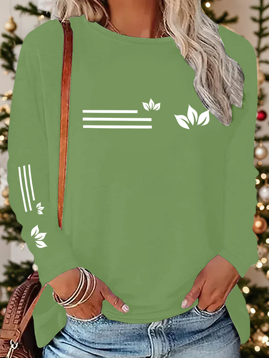 1pc Petal Pattern Striped Print New Y2K Style Women'S Elegant Autumn Winter Casual Athletic Long Sleeve Single Sleeve Comfortable Breathable Top - Matcha Color