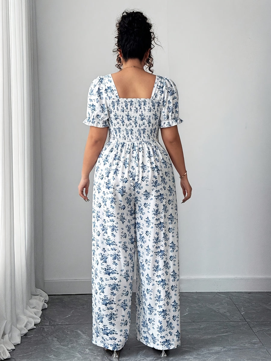 Women'S Summer Stylish Floral Print Square Neck Tie-Front Lantern Sleeve Back Jumpsuit - White