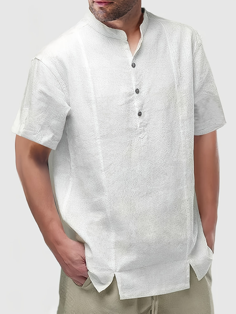 Men'S Henley Shirt | Casual Stand Collar, Slight Stretch Fabric, Button Detail, Solid Color, Regular Fit For Spring/Fall - White