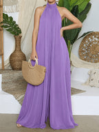 Women'S Casual Vacation Chiffon Halter Neck Backless Wide-Leg Jumpsuit - Purple