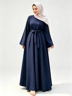 Muslim Elegant Temperament Solid Color Wide Cuff Tie-Up Long Dress - Blue