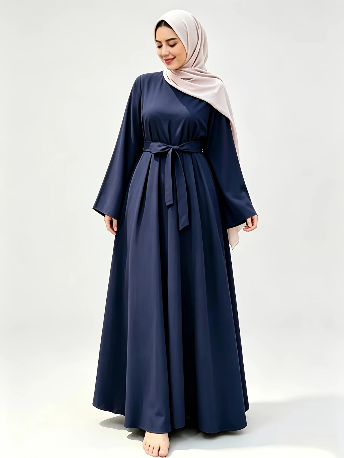 Muslim Elegant Temperament Solid Color Wide Cuff Tie-Up Long Dress - Blue
