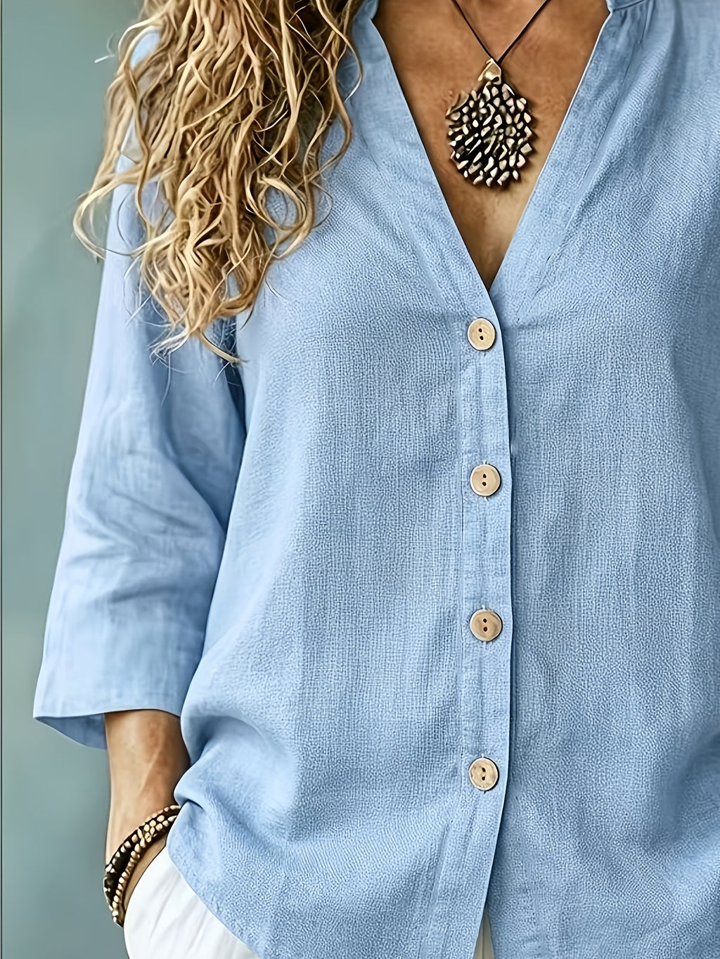 Women's Spring/Summer Casual Loose V-Neck Button-Up Shirt - Vibrant Blue