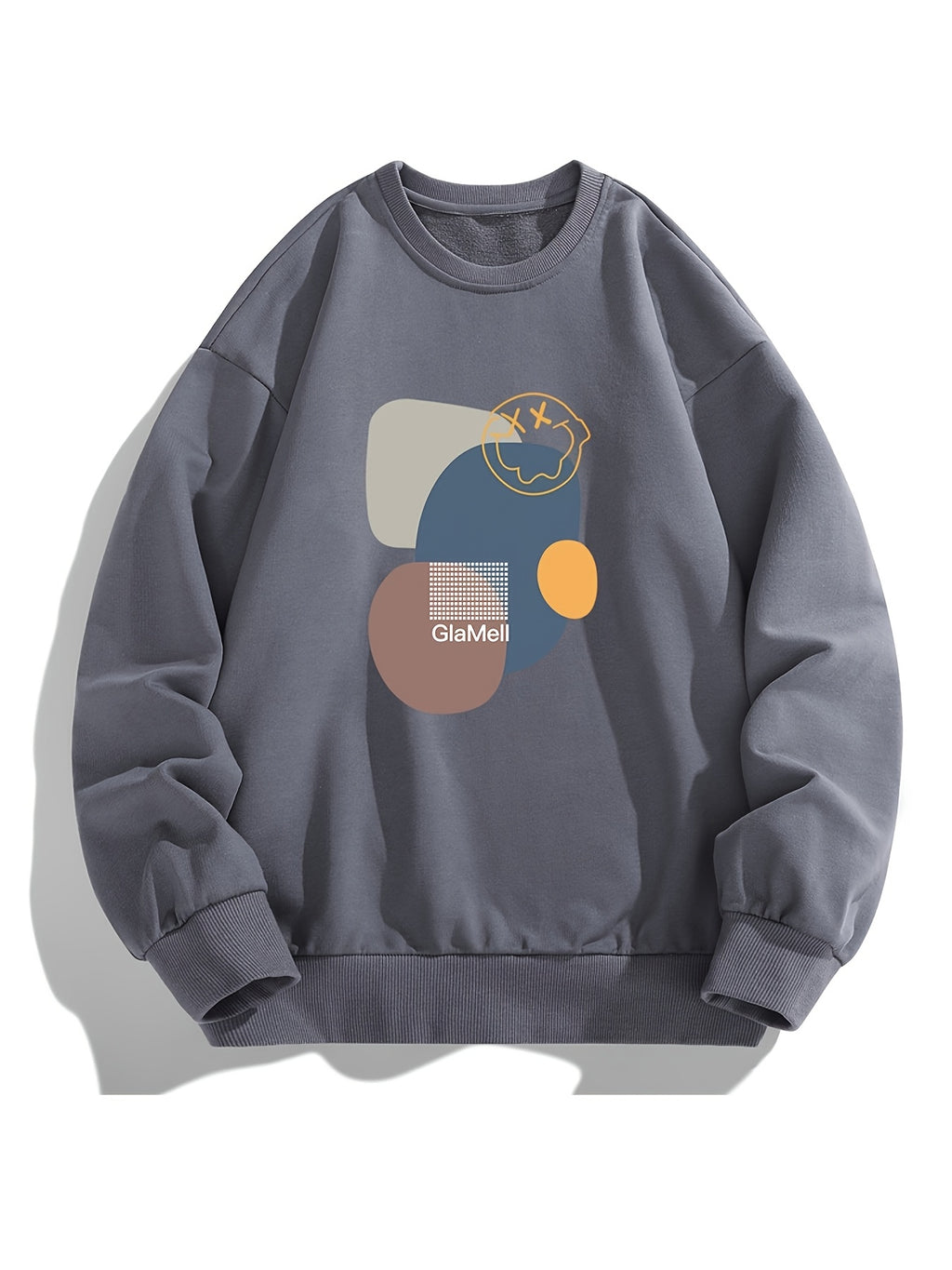 Men's Crew Neck Sweatshirt, Abstract Geometric Color Block Print Pullover Top, Youth Loose Casual Versatile LongSleeve Base Shirt - Dark Gray