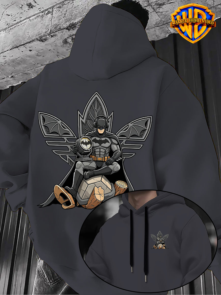 [Officially Licensed by Warner Bros] 1pc, American Dark Batman Hero Throne Portrait Creative Casual Hoodie - Men'S Fashion Sweatshirt with Double-Sided Print, Adjustable Drawstring Loose Comfortable Hoodie, Suitable for Daily And Outdoor Wear - Dark Gray