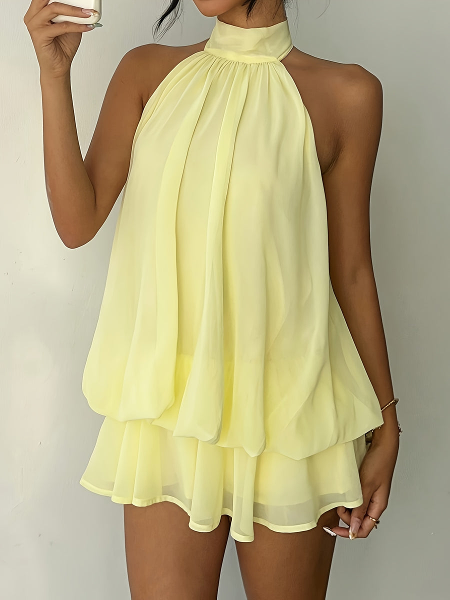 Women's Elegant Cream Yellow Chiffon Backless Tie-waist Mini Dress, Women's Date Dress, Women's Summer Dress, Women's Sundress, Women's Elegant Party Dress, Women's Birthday Dress. - Yellow