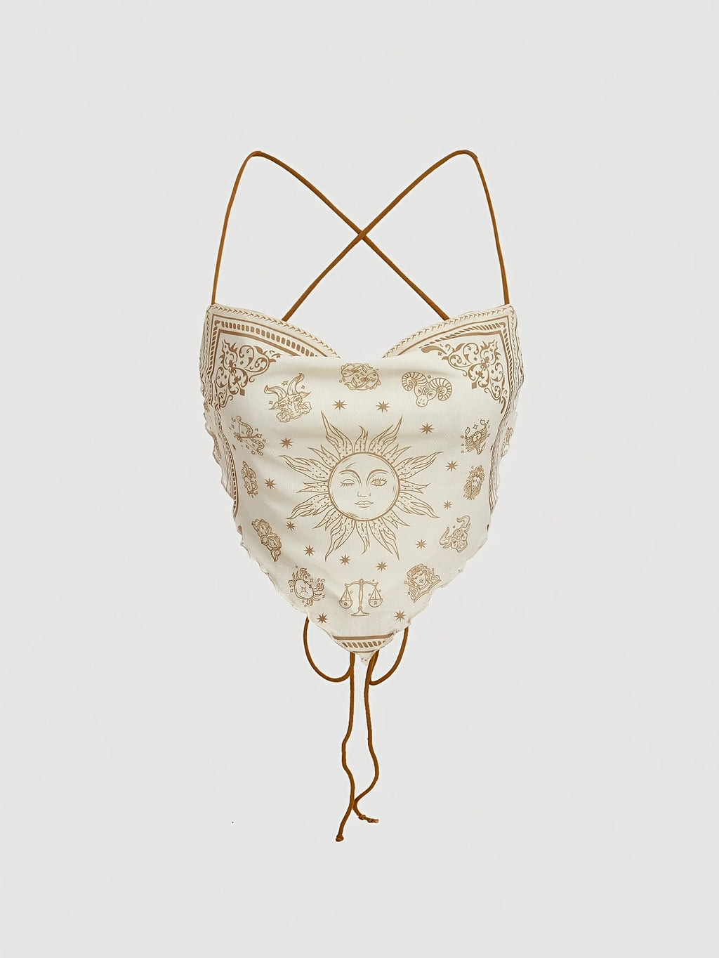 Women's Camisole Top with Criss-cross Tie Design, Paisley Pattern Placement Print, Backless Style, Perfect for Beach Vacations - Apricot