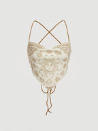 Women's Camisole Top with Criss-cross Tie Design, Paisley Pattern Placement Print, Backless Style, Perfect for Beach Vacations - Apricot
