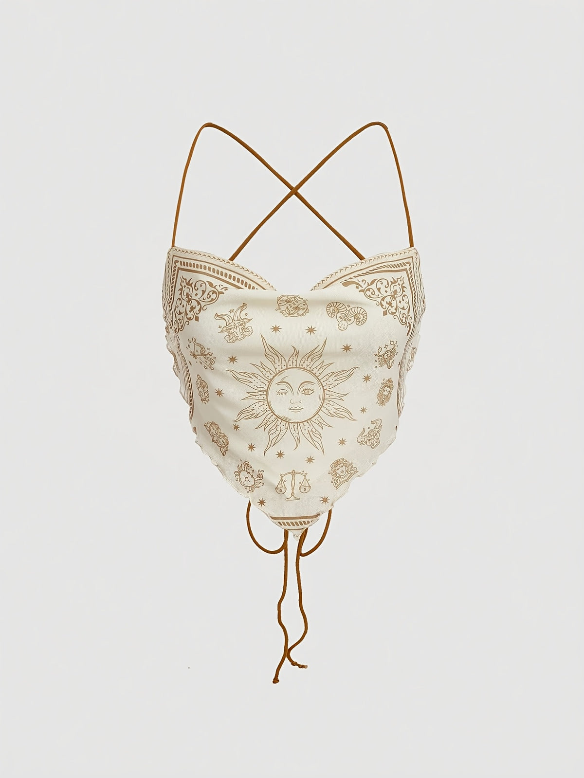 Women's Camisole Top with Criss-cross Tie Design, Paisley Pattern Placement Print, Backless Style, Perfect for Beach Vacations - Apricot