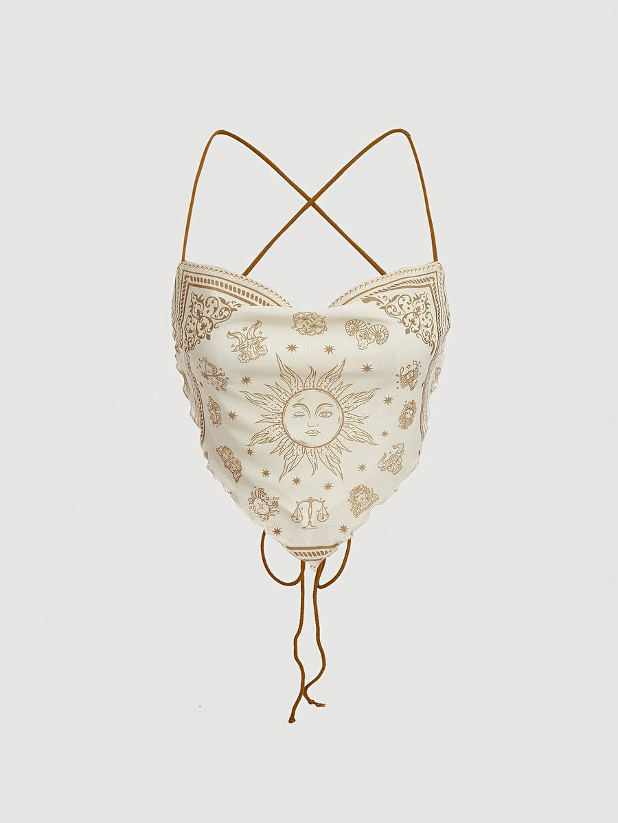 Women's Camisole Top with Criss-cross Tie Design, Paisley Pattern Placement Print, Backless Style, Perfect for Beach Vacations - Apricot