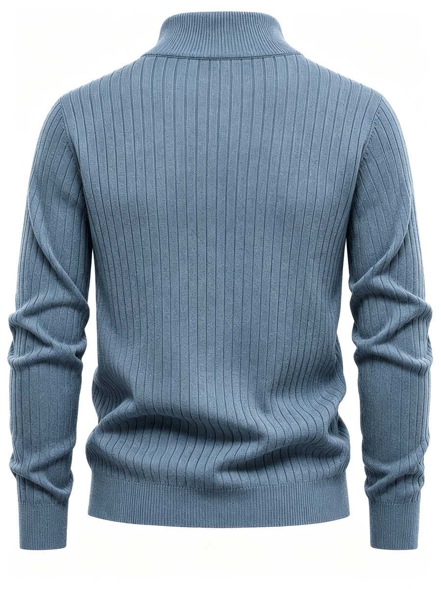 Autumn/Winter New Men's Stand Collar Zipper Design Fashionable Sweater, Knitted Versatile Stretchy Long-Sleeve Pullover with Small Rib Texture, for Home and Commuting, Vintage Men's Top - Sea Polish