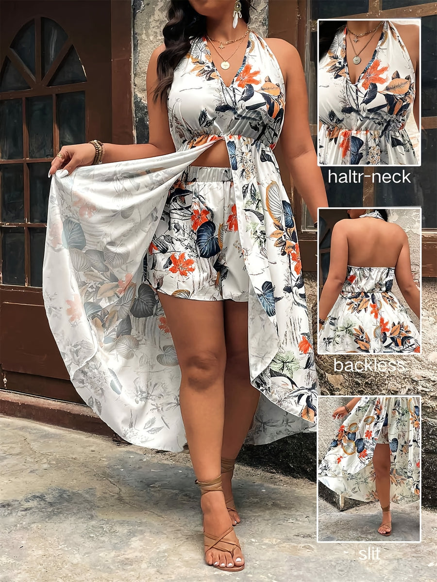 Women's 2pcs Shorts Set - Printed Sleeveless Top + Shorts, Halter Neck, Front Short Back Long Design, Casual and Comfortable, Suitable for Daily Wear, Spring/Summer, New Arrival - Multicolor