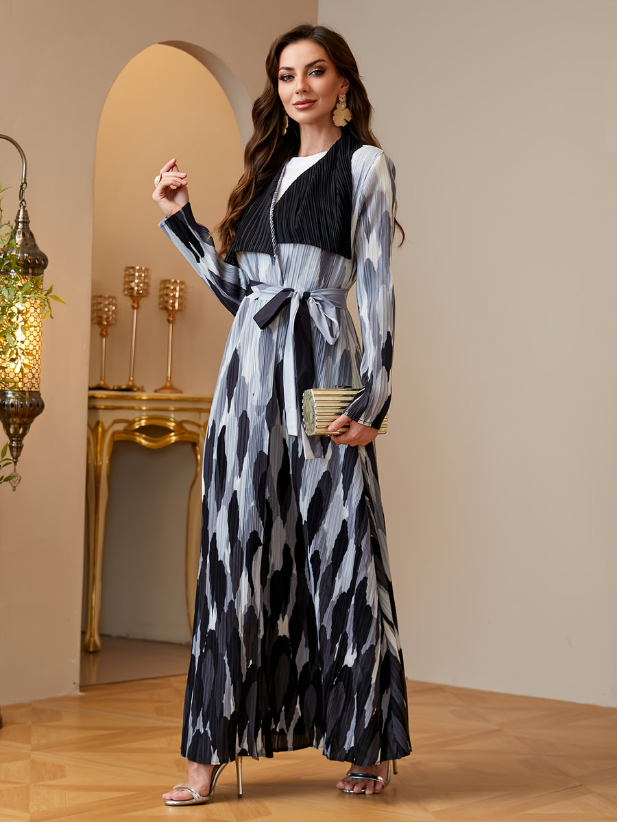 Women Modest Brown Geometric Patchwork Print Pleated Abaya Open Front Long Cardigan Lapel Dubai Saudi Arab Kimono Duster Coat High Quality Plisse Loose Robe Outerwear Banquet Party Evening - White