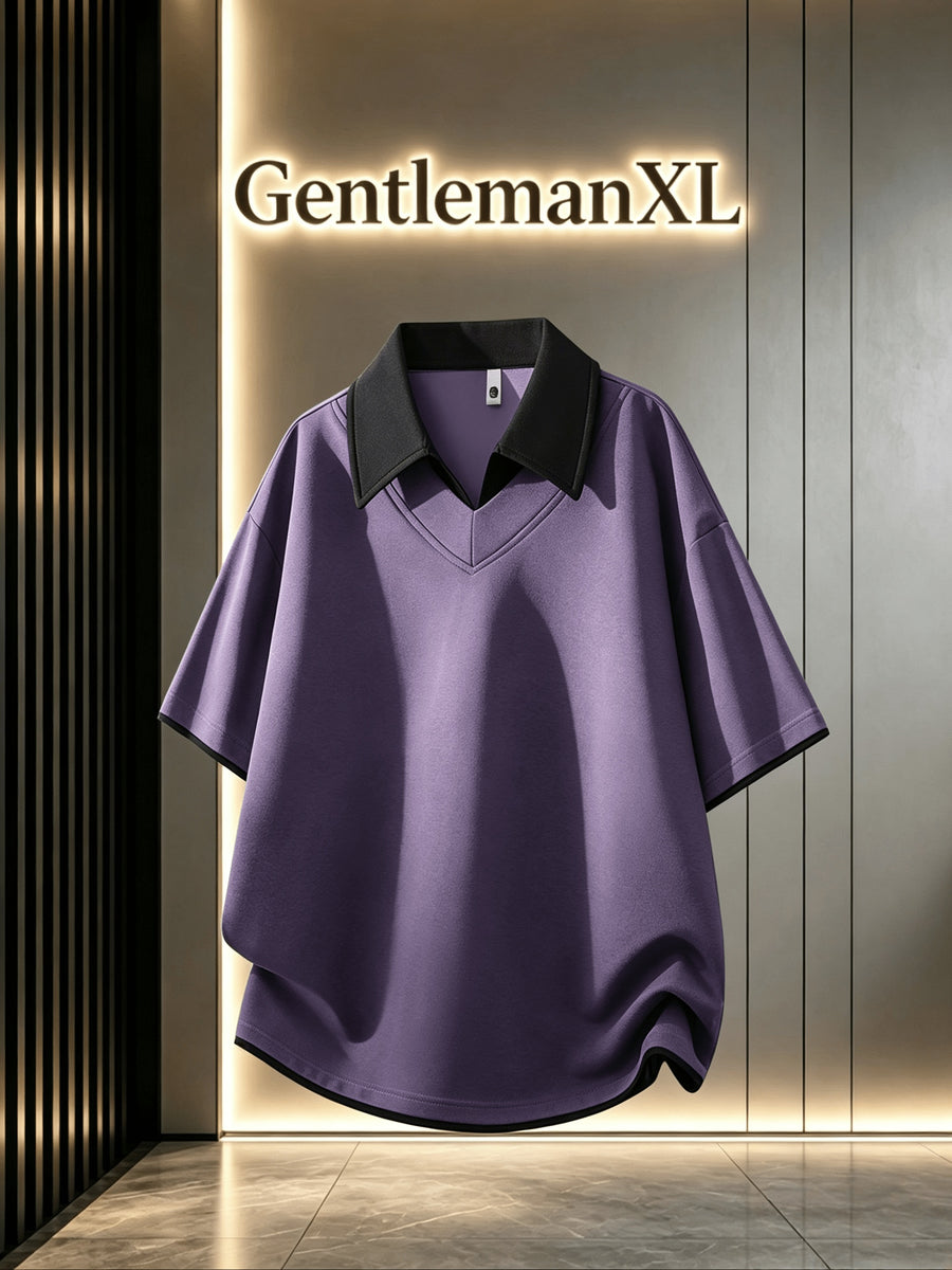Men'S Summer Lapel Built-In Faux Two-Piece V-Neck, Cuffed Sleeves, Unisex Off-Shoulder Loose Curved Hem Drapey Short Sleeve T-Shirt - Purple