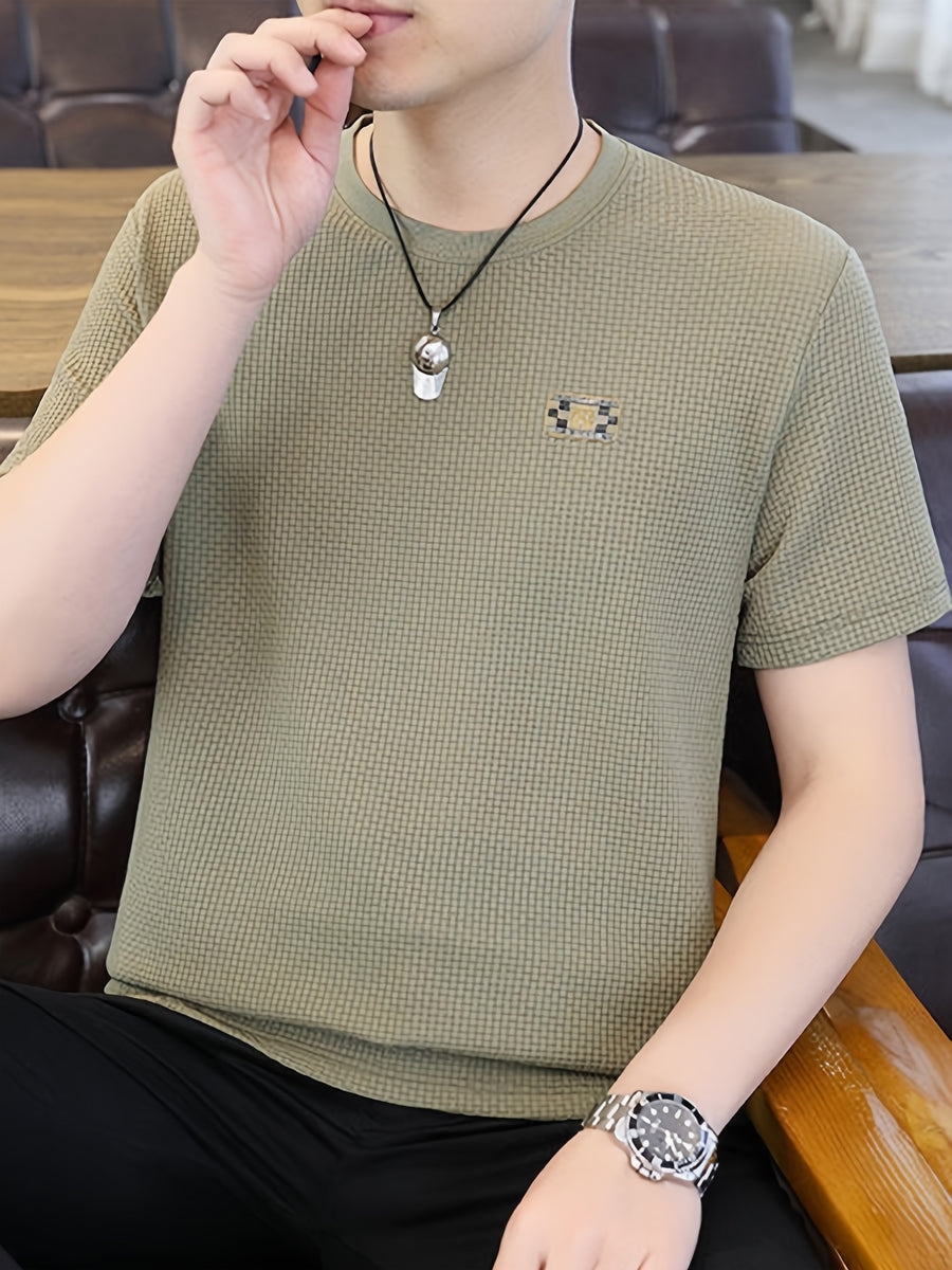 3pcs Men's Waffle Henley Shirts, Spring/Summer Crew Neck Breathable Checkered Short Sleeve T-Shirts, Casual Commuter Loose Fit Basic Base Layers, Chest Letter Logo Decoration, Everyday Versatile Men's 3pcs Top Set - Khaki+white+black