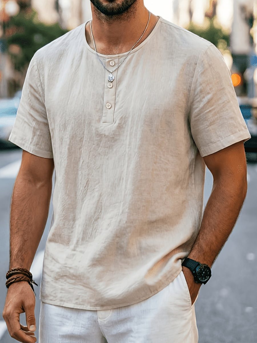 Men'S Summer -Linen Half-Zip Short Sleeve T-Shirt - Breathable Crew Neck Casual Top - Khaki